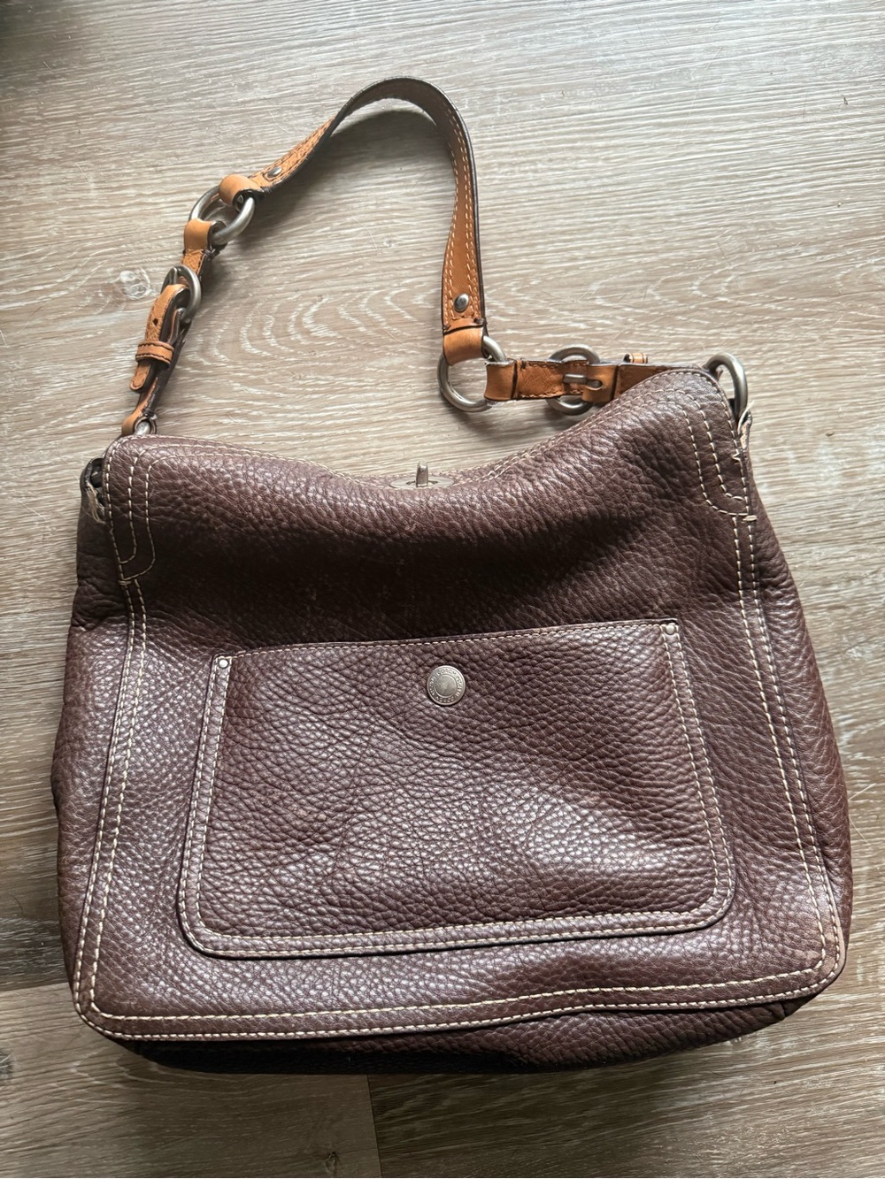 Coach Brown Pebbled Leather Shoulder Bag with Tan Strap